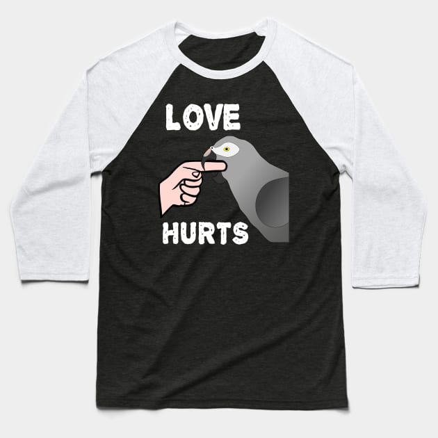 Love Hurts Timneh African Grey Parrot Biting Baseball T-Shirt by Einstein Parrot